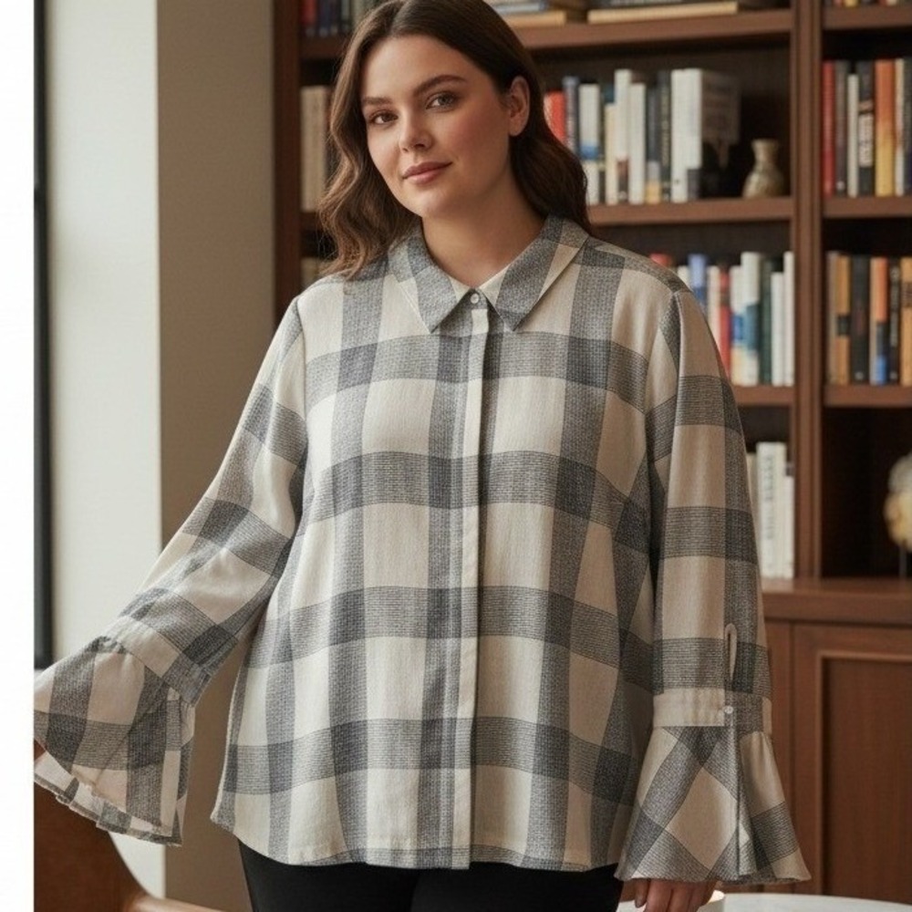 Lane Bryant 2XL Gray Plaid Button Down Bell Sleeve Plus‎ Size Boho Women's 18W
